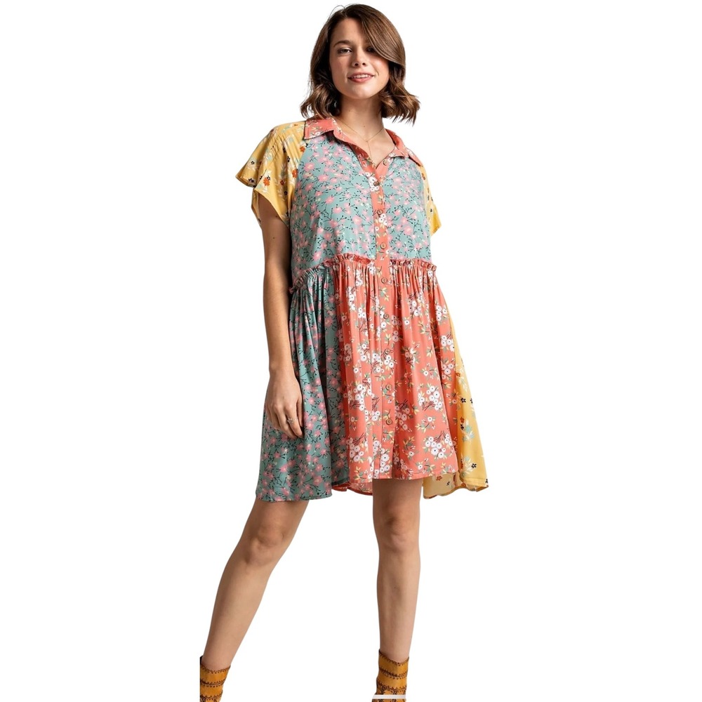 Easel Spring Fling Patchwork Floral Mini Dress Pockets Boho Button Front Size M
